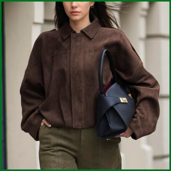 Faux Suede Bomber Jacket Lightweight Batwing Sleeve Oversized Coat - Picture 2 of 7